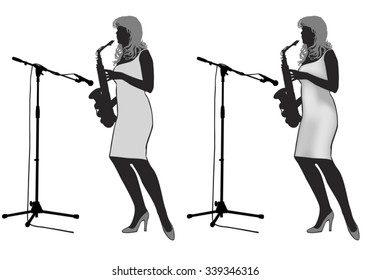 Girl saxophonist stands on the stage and playing the saxophone