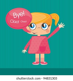 Girl saying bye, cool, bubble to insert text, Vector Illustration