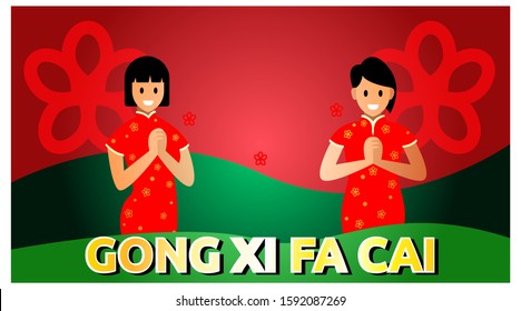 Girl saying Gong Xi Fa Chai Chinese new year. Background chinese new year template. vector