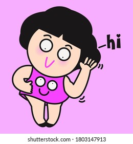 Girl Saying Hi To Her Own Body. Character illustration Card Concept.