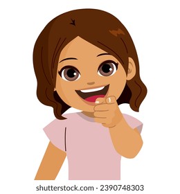 Girl saying Its you. Small child pointing finger at camera and smiling, choosing you, inviting people, recruiting, standing isolated over white background