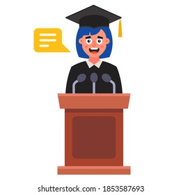 the girl says a farewell speech at her graduation. flat vector illustration isolated on white background.