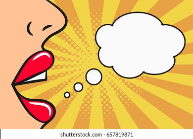 Girl says - female lips and blank speech bubble. Woman speak. Comic illustration in pop art style at sunburst background with dot halftone effect. Vector.