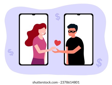 Girl and scammer guy on mobile screen. Online dating scam on smartphone mobile app in flat design. Phone phishing.