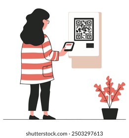 Girl Scanning QR Code with Mobile, Modern Technology and Interaction - Flat Vector Illustration