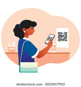 Girl scans qr code in store. Woman checks price, buying coffee in restaurant. Cashless payment, modern technologies, internet transaction. Cartoon flat vector illustration isolated on white background