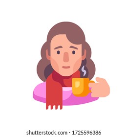 Girl in scarf drinking tea flat illustration