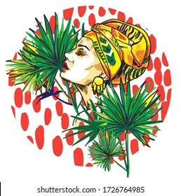 The girl with a scarf on her head. Oriental girl with a chump, African. Exotic, bright girl. Tropical plants, palm trees. Multicolored drawing.