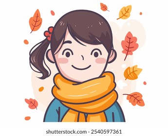Girl with a scarf on her neck and a smile on her face. The scarf is orange and the leaves are falling around her