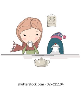 girl in a scarf and a penguin drinking tea