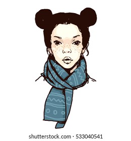 The girl in a scarf. Vector hand-drawn sketch