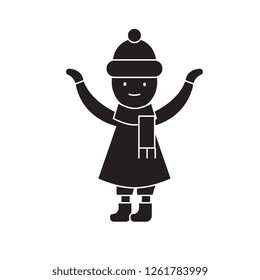 Girl with a scarf in winter black vector concept icon. Girl with a scarf in winter flat illustration, sign