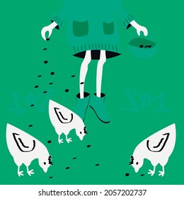 The girl scatters grains and feeds white chickens that peck food from the ground on a green trending background. Concept - agriculture