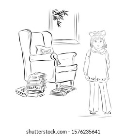 Girl school age stands in room with  armchair, stacks of books and window. Coloring book. 