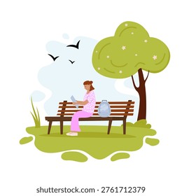 Girl with school backpack reads while sitting on bench under large tree in park. Flat vector illustration. Student lifestyle