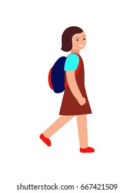 Girl with a school backpack walks, isolated on white background.