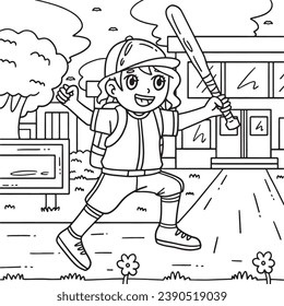 Girl with a School Bag and Baseball Bat Coloring