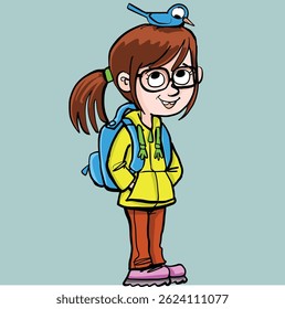 girl with a school bag on her back has a blue bird on her head