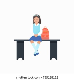 Girl with school bag sitting on bench isolated on white background. Vector illustration with cute child in white shirt waiting on settle