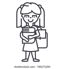 girl in school with book and backpack vector line icon, sign, illustration on white background, editable strokes