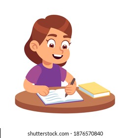 Girl at school desk. Smiling child sitting on chair with books and textbooks, happy student in class, studying lessons educational concept. Vector daily routine flat cartoon vector isolated character