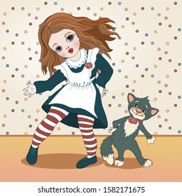 Girl in a school dress with a white apron and a cat dancing on a polka dot wallpaper background, color vector illustration in vintage style