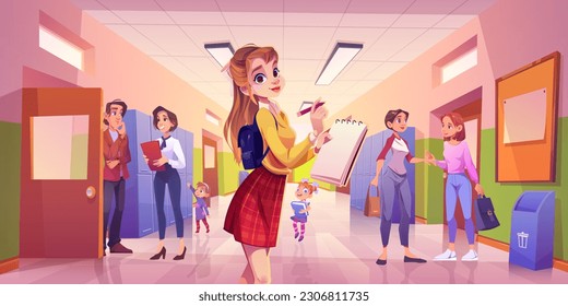 Girl in school hallway corridor vector cartoon interior background. Teacher near classroom door on break scene in university lobby. Children in campus aisle furniture with locker and trash bin