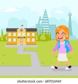 Girl school kid pupil education student building knowledge child flat design vector illustration