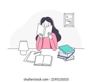 Girl School Pupil Doing Homework Sitting at Desk Studying with Book and Copybook Vector Illustration