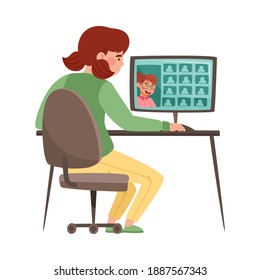 Girl School Student Attending Online Lesson Via Computer Vector Illustration
