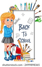 Girl with school supplies and backpack