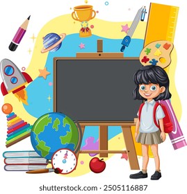 Girl with school supplies and blackboard