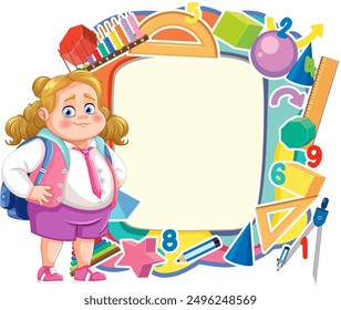 Girl with school supplies and blank frame