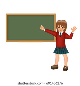 Girl in school uniform with chalk in hand writes at the blackboard. Place for your text. Back to school, cartoon character isolated on white background.