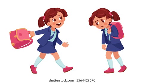 a girl in a school uniform is happy, waving a school bag and trudge sad and tired.