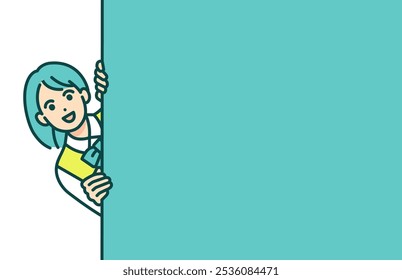 Menina de uniforme de escola espiando. Ilustração vetorial de uma garota do ensino médio espiando de uma parede.
