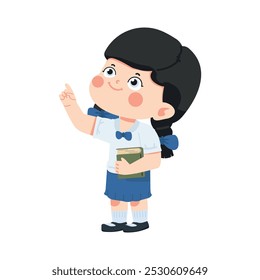 girl in school uniform pointing to something
