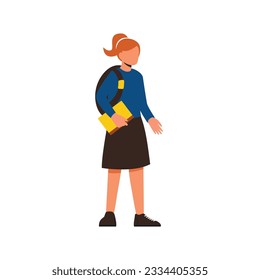 a girl in school uniform walk and goes to lesson in classroom. Schoolgirl with backpack. Education and training. flat vector illustration