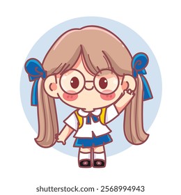 Girl in a school uniform waving and greeting character cartoon Vector 