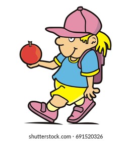 Girl and schoolbag and apple, healthy food, vector illustration