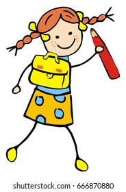 girl and schoolbag and pencil, funny illustration, vector icon