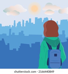 Girl schoolgirl with a backpack looks into the distance. Vector illustration. Childhood protection.