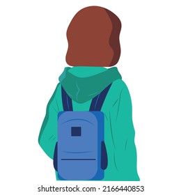 Girl schoolgirl with a backpack looks into the distance. Vector illustration. Childhood protection.