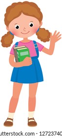 Girl schoolgirl with books in their hands and a school backpack 