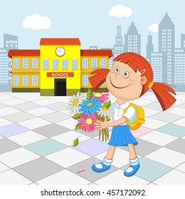 Girl schoolgirl with a bouquet in hand walking to school. Vector illustration.