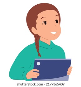 Girl schoolgirl is engaged on the tablet. Vector flat illustration.