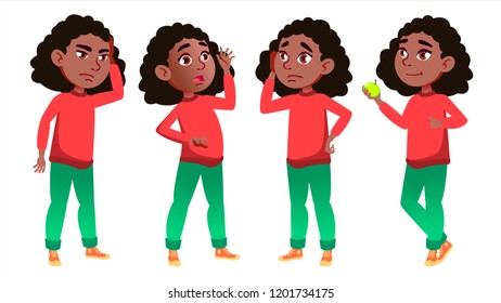 Girl Schoolgirl Kid Poses Set Vector. Black. Afro American. High School Child. Schoolchild. September, Schoolchildren, Teen. For Web, Poster, Booklet Design. Isolated Cartoon Illustration
