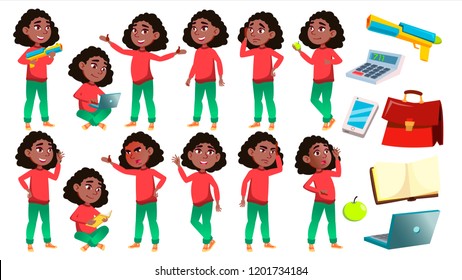 Girl Schoolgirl Kid Poses Set Vector. Black. Afro American. High School Child. Children Study. Knowledge, Learn, Lesson. For Advertising, Placard, Print Design. Isolated Cartoon Illustration
