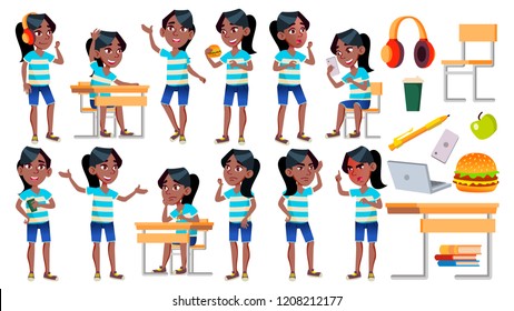 Girl Schoolgirl Kid Poses Set Vector. Black. Afro American. High School Child. Children Study. Knowledge, Learn, Lesson. For Presentation, Print, Invitation Design. Isolated Cartoon Illustration