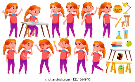 Girl Schoolgirl Kid Poses Set Vector. Redhead. High School Child. School Student. Cheer, Pretty, Youth. For Advertisement, Greeting, Announcement Design. Isolated Cartoon Illustration